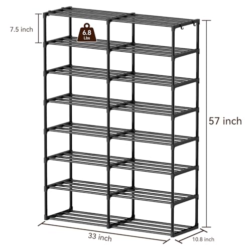 SUFAUY Large Shoe Rack Organizer, 2 Row 8 Tier 32-40 Pairs with Hooks, Sturdy Metal, DIY Stackable &Adjustable, Black