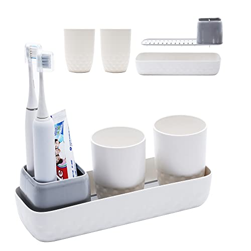 Ayswupt Toothbrush Holders for Bathrooms,Kids Electric Toothbrush Holder with 2 Cups Set,White Tooth Brush Toothpaste Caddy Storage,Small Bathroom Countertop Organizer Stand for Men Farmhouse Family - color: White Toothbrush Holder With Cups