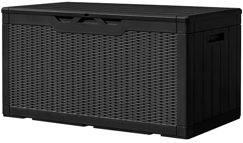 Greesum 100 Gallon Resin Deck Box Large Outdoor Storage, Imitation Rattan Weave Texture for Patio Furniture, Garden Tools, Pool Supplies, Weatherproof and UV Resistant, Lockable, Dark Black - color: Dark Black, size: 100 Gallon