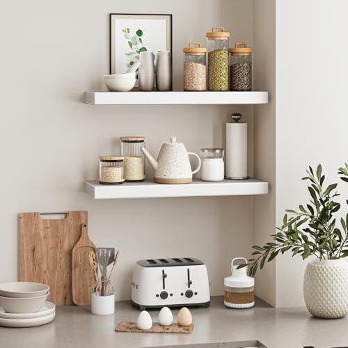 Fixwal White Shelves, 22" Long Floating Shelves for Living Room, Bedroom, Bathroom and Kitchen, Wall Mounted Shelves for Storage, Books, Room Decor Set of 2 - color: White, size: 22in