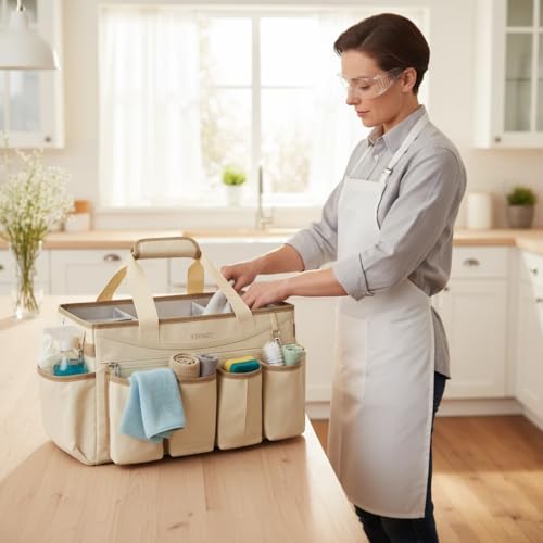 Ytonet Cleaning Caddy Bag with Detachable Apron, Extra Large Cleaning Supplies Organizer with Foldable Dividers, Portable Cleaner Tote with Handle, Cleaner Caddy for Kitchen, Detailing Bag, Apricot - color: Apricot