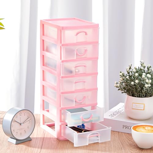 Thyle 2 Pcs Plastic Drawers Organizer Mini Organizer Stackable Plastic Clear Drawer Storage Box Containers Storage Units for Desktop Classroom Craft 6.7 x 4.9 x 13.4 inches(Pink) - color: Pink
