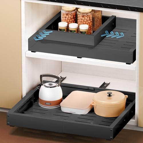 1 Pack Pull Out Drawers for Cabinets, Slide Out Drawer Expandable Width (12"-19") and Depth (17"-23") With 3 Slides, Fixed with Adhesive Film & Nail for Cabinets in Kitchen, Pantry or Bathroom - Black - color: #1 Black, size: (12''-19'')W X (17''-23")D X