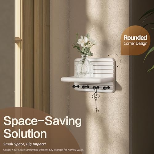 Rebee Vision Small Key Holder Wall Mount for Home Storage – Stylish 7-Inch Key Holder for Wall with 4 Hooks & Mini Floating Shelf - Beautify Your Entryway, Living Room, Bedroom Decor (White) - color: White, size: Small-7inch