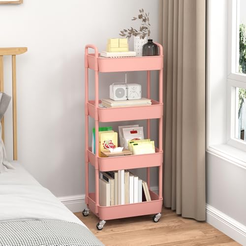 Sywhitta 4-Tier Plastic Rolling Utility Cart with Handle, Multi-Functional Storage Trolley for Office, Living Room, Kitchen, Movable Storage Organizer with Wheels, Pink - color: Pink, size: 4-tier