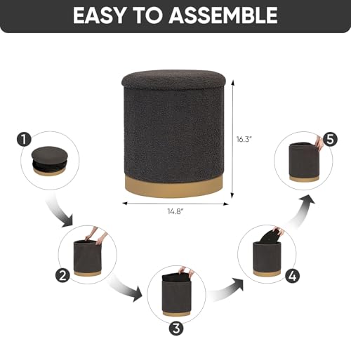 15" Round Storage Ottoman,Boucle Foot Rest/Seating/Storage for Small Space-Living Room/Bedroom/Dorm-Dark Grey - color: Dark Grey