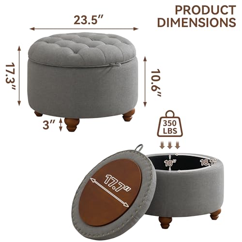 WUTUTUEE 24Inch Round Storage Ottoman with Tray, Modern Tufted Fabric Circle Coffee Table with Storage, Upholstered Ottoman with Removable Top for Living Room, Bedroom, Light Grey - color: Light Grey, size: 24 Inch