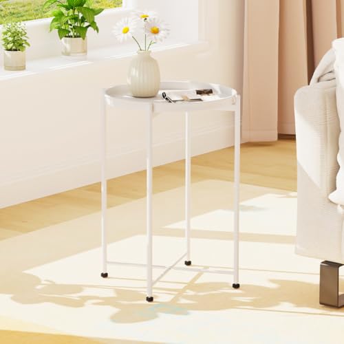 Garden 4 you Small Side Table, White Mini Round End Table, Tray Table with Metal Frame, Modern Nightstand for Living Room, Bedroom, Patio, Small Space, 1PCS - color: White, size: 1 PCS