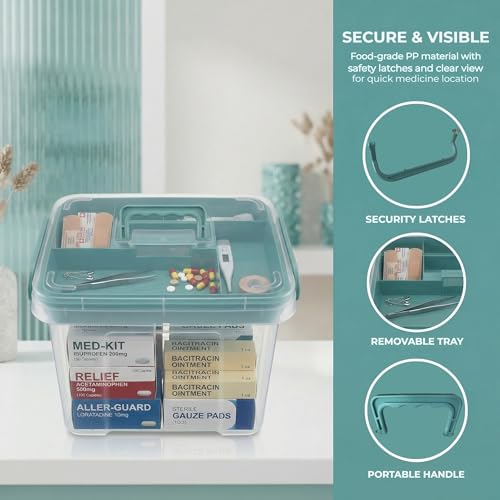 Pulseplay Clear Medicine Organizer Storage Box with Handle Medicine Organizer Box with Removable Tray Multipurpose Medicine Container Chest (Green) - color: Green