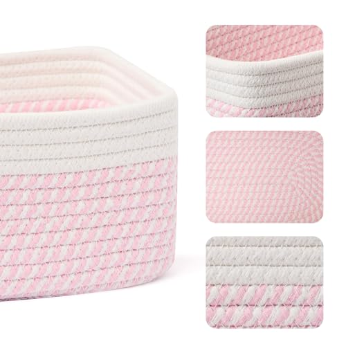 MiniArk Small Storage Baskets for Organizing | Closet Organizer Bins | Shelf Toy Basket | Woven Rope Baskets | Cube Decorative Box | Shallow Basket | 11.5x7.5x4.7” | 3 Packs White Pink - color: Off White/Pink, size: 3pcs-L11.5xW7.5xH4.7"