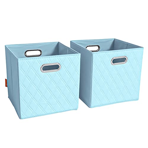 FH Group JIAessentials 11" Faux Leather Foldable Storage Cube Bins Set of 2 – Blue Diamond Patterned Organizers with Handles for Closet & Shelves - color: Blue, size: Small
