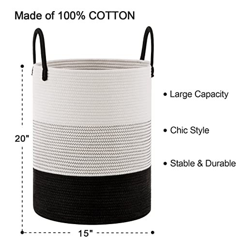 Woven Rope Laundry Hamper Basket by YOUDENOVA, Tall Luandry Basket, Baby Nursery Hamper for Blanket Storage, Clothes Hamper for Laundry in Bedroom-Large-(Dark White, 58L) - color: White&Black, size: Tall (58L )