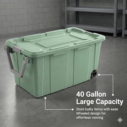 40 Gallon Wheeled Storage Tote with Lid – Heavy Duty Rolling Storage Bin with Ergonomic Handle & Secure Latches – Large Plastic Stackable Container for Garage Basement Workshop (Green) - size: Green