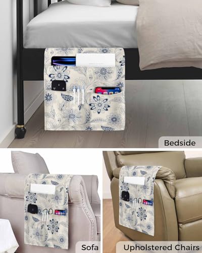 Sofa Armrest Organizer Bedside Caddy, Vintage Blue Floral Non Slip Couch Remote Control Holder for Recliner, Rustic Abstract Flower Burlap Arm Chair Caddy with Pocket for Magazine Phone, 13"x35" - color: Navy, size: 13x35 in