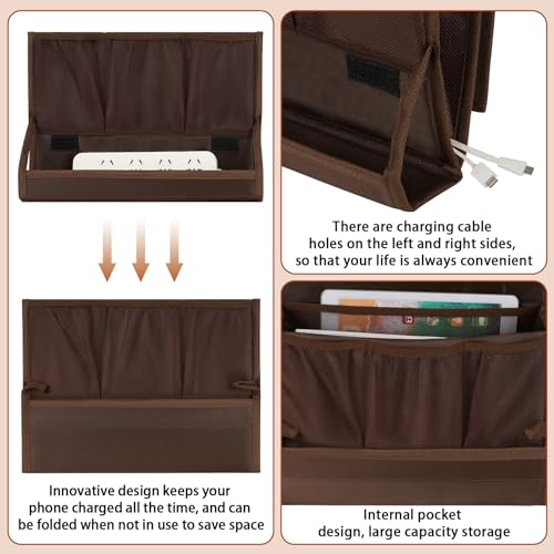Bedside Storage Organizer with Power Strip Holder and Adjustable Straps Bed Hanging Bag for Home Bunk Bed Dorm Sofa (Brown) - color: Brown