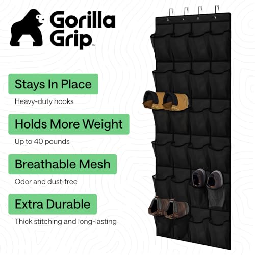 GORILLA GRIP Over the Door Shoe Organizer, 24 Extra Large Breathable Mesh Pockets, Space Saving Hanging Storage Holder, 4 Hook Closet Rack Hanger, Hangs on Closets for Shoes and Accessories, Black - color: Black, size: 24 Extra Large Pockets/4 Hooks