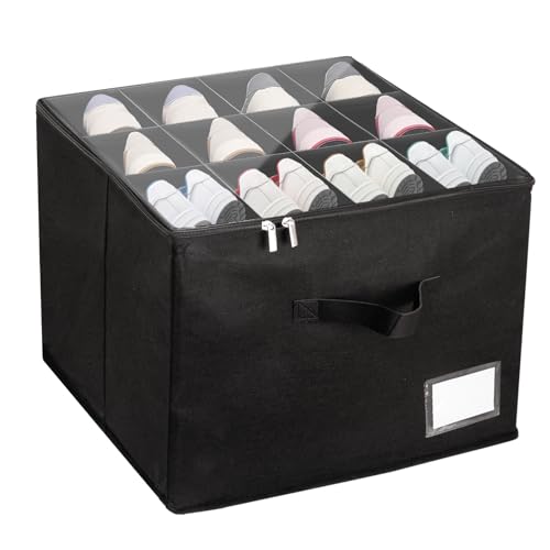 Shoe Organizer for Closet, Fits up to 12 Pairs, Foldable Shoe Storage Containers with Clear Cover, Large Adjustable Shoe Box Organizers, Space Saving Shoes Holder