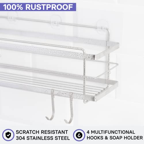 KINCMAX Premium Shower Caddy with Soap Holder, 2-Pack Adhesive Organizer, No Drill Bathroom Shelves, Rustproof Stainless Steel Shelves for Inside Shower, Storage Rack, Silver - color: Polished Silver 02 + Soap Holder