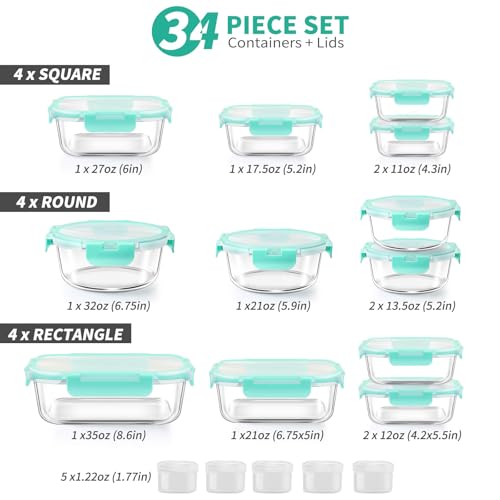 34pcs Glass Food Storage Containers with Lids Set, Airtight Glass Meal Prep Containers (17 Containers & 17 Lids), Leak Proof Lunch Container BPA-Free, Microwave, Oven, Freezer, Dishwasher Safe-Green - color: Green