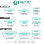 34pcs Glass Food Storage Containers with Lids Set, Airtight Glass Meal Prep Containers (17 Containers & 17 Lids), Leak Proof Lunch Container BPA-Free, Microwave, Oven, Freezer, Dishwasher Safe-Green - color: Green