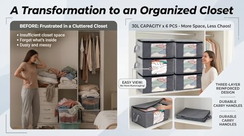 Storage Clothes Bins Closet Bags - 35L Containers Organizer Boxes Clothing Bin Organization for Organizing Blanket Pillow Sheet Sweater, Foldable Bedroom Small Storage Totes With Lids Zipper, 6pc Pack - color: Gray 6pc Pack