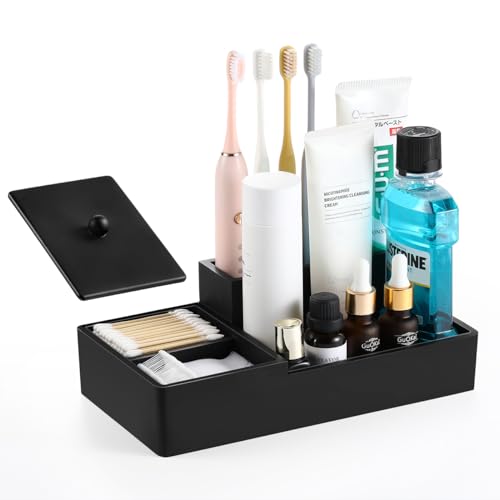 Luxspire Bathroom Counter Organizer, Marble Toothbrush Holder for Bathroom 6 Slot, Bathroom Vanity Organizer with Lid, Bathroom Organizer Countertop for Cotton Ball, Q-Tips, Floss, Matte Black - color: Matte Black, size: 6 slots