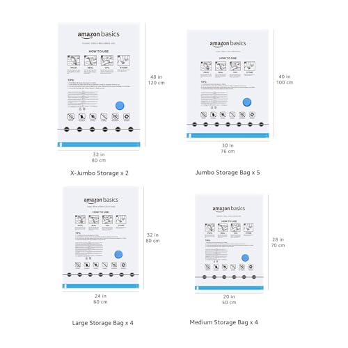 Amazon Basics Vacuum Storage Bags for Clothes, Compression Space Saving Storage Bags with Hand Pump, Reusable, Heavy-Duty Seal Protection, Multiple Sizes, White, 15-Pack