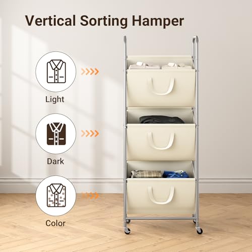 ELYKEN 120L Vertical Rolling Laundry Hamper with Removable Bags, 3 Section Laundry Baskets with Wheels, Space-Saving 3 Tier Laundry Sorter for Small Spaces, Dorm, Bedroom, Bathroom, Laundry Room - color: Creamy