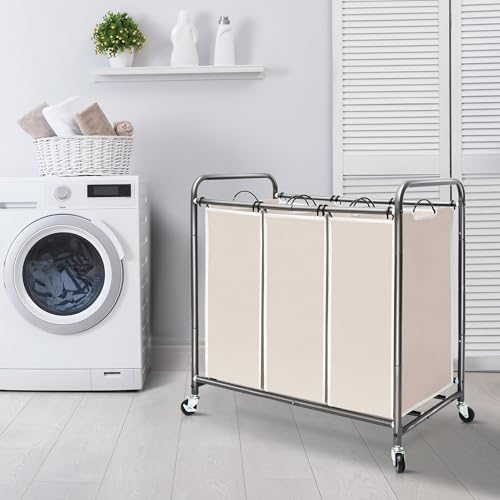 STORAGE MANIAC 3 Section Laundry Sorter, 35.9 Gal (136 L) Laundry Hamper Cart with Heavy Duty Rolling Lockable Wheels and Removable Bags, Clothes Organizer Basket Clothes Separator Hamper, Beige - color: Beige, size: 3 Section