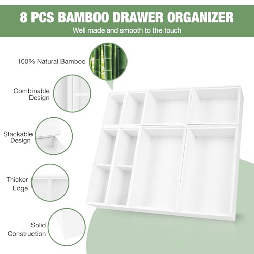 Bamboo Drawer Organizer Set, 8 PCS White Multi-Use Wood Drawer Storage Kitchen Boxes, Junk Drawer Organizer Divider Bins for Bathroom, Office Desk, Makeup, Jewelry, Utensils - color: White, size: 8PCS