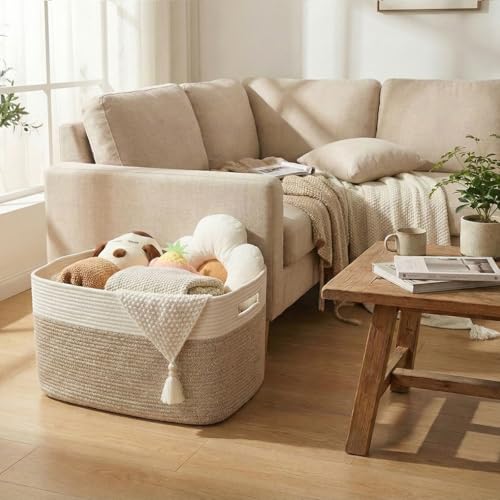 JMvicyroam Woven Blanket Basket,65L Large Storage Bin for Blankets Toys Clothes,Decorative Rope Basket for Living Room Bedroom with Handles, White&Oatmeal - color: White&Oatmeal, size: 65L