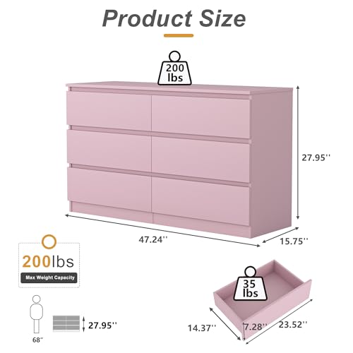 Spaco Pink Dresser for Bedroom,Modern 6 Drawer Dresser with Deep Drawer,Wide Storage Chest of Drawers,Bedroom Storage Organizer Furniture,TV Stand for Living Room - color: Pink, size: 6 Drawers