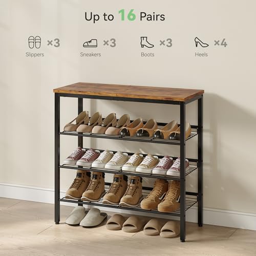 Nunsino Shoe Rack for Closet,4 Tier Shoe Organizer for Entryway,Shoe Shelf with Storage Shelves and Spacious Top,Max Holds 16 of Shoes,Rustic Brown - color: Rustic Brown, size: 4 Tier