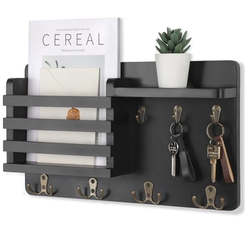 Nekon Mail Holder for Wall Mail Organizer with Key Hooks Hallway Farmhouse Decor Storage Racks with Floating Shelf and Flush Mount Hardware (16.8Inch x 10Inch x 3.2Inch) - color: Black