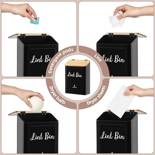 SUBEKYU Metal Magnetic Lint Bin for Laundry Room, Wall Mounted Lint Box Holder with Lid for Dryer,Laundry Room Organization and Storage,Bamboo Lid Lint Basket,Black - color: Black