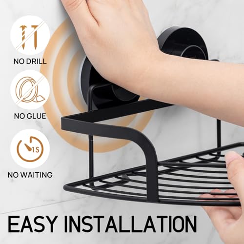 LEVERLOC 2 Pack Strong Suction Cup Corner Shower Caddy, Large Capacity Removable Bathroom Organizer, Stainless Steel Rustproof Shower Shelves with Hook, Drill-Free Wall Mounted Suction Basket, Black - style: Corner 90°, Black