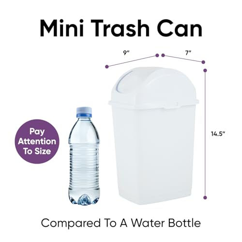 Superio Small 2.5 Gallon Plastic Trash Can with Swing Top Lid, Compact Slim Waste Bin for Under Desk, Office, Bedroom, Bathroom, Dorm Room, 10 Qt. Portable Garbage Can (White) - size: 2.5 Gallon, style: 1 Pack
