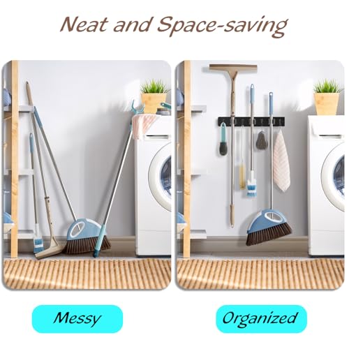 OUTNILI Black Mop Broom Holder Wall Mount with 3 Slots & 4 Hooks - Wood Broom Mop Hanger for Pantry Kitchen Organization - Garden Tool Organizer for Closet Laundry Room