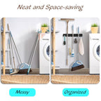 OUTNILI Black Mop Broom Holder Wall Mount with 3 Slots & 4 Hooks - Wood Broom Mop Hanger for Pantry Kitchen Organization - Garden Tool Organizer for Closet Laundry Room