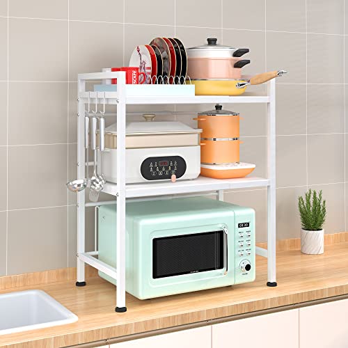 PUSDON Microwave Oven Rack, Adjustable Shelf Organizer 3-Tiers with 3 Hooks, & 160lbs Capacity for Kitchen Counter, White - color: White, size: H-frame 3 tier