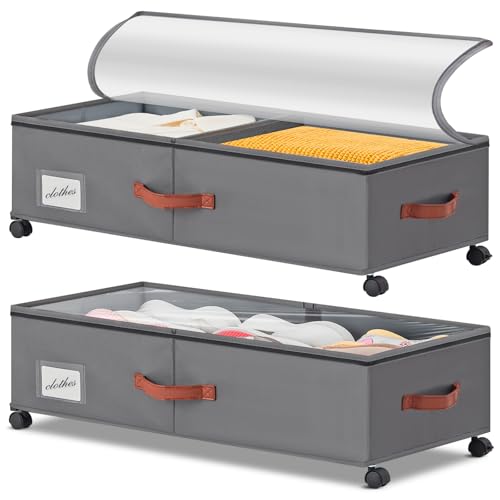 Under Bed Storage Containers with Wheels 9.5 inches Higher Under Bed Storage XXXL Underbed Shoes Blankets Clothes Storage Organizer 2 Pack Under the Bed Storage for College Dorms Bedroom Nursery Rooms - color: Gray