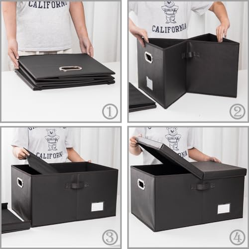 PRANDOM Collapsible Storage Box with Lid [3-Pack] Leather Fabric Foldable Storage Bin Organizer Container Basket Cube with Cover for Home Bedroom Closet Office Nursery Black(22.8X15.7X11.8) - color: Black, size: X-Large(3-Pack)