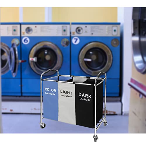 Laundry Basket, Large Laundry Hamper with Wheels, 3 Section Laundry Bag Organizer for Dirty Clothes; Dorm Room Essentials, Towel & Toys Storage Laundry Cart in Laundry Room Organization -BLUE - color: Blue