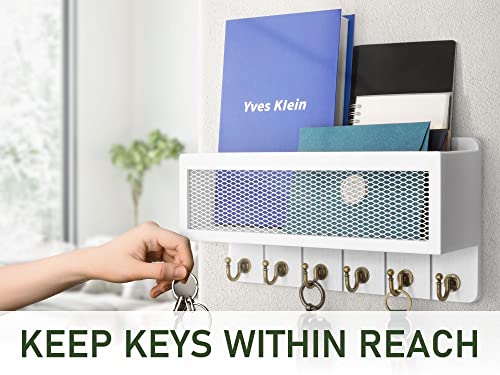 Rebee Vision Farmhouse Key Holder for Wall with Mail Organizer : Decorative Mesh Basket with 6 Sturdy Key Hooks – Wall Mount Home Decor for Office，Entryway, Hallway, Apartment (Rustic White) - color: White