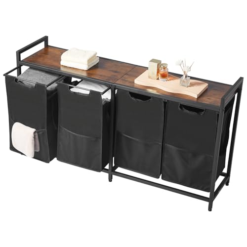 VEVOR 4 Section Laundry Sorter, Large Laundry Hamper with Metal Frame and Wooden Tabletop, Freestanding Storage Organizer Baskets with Pull-Out 600D Oxford Cloth Bags for Dirty Clothes, Bathroom - style: 4 Section