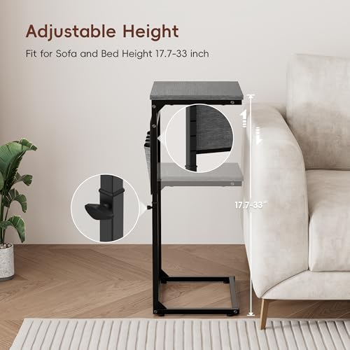 Vagusicc C Shaped End Table, 32'' Tall Side Table for Couch, Adjustable Height Small Couch Side Table for Small Spaces, C Table Slide Under Sofa Table TV Tray Arm Table for Living Room Bedroom - color: Charcoal Gray