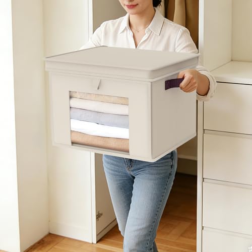 Univivi Storage Bins with Lids, Large Closet Organizers and Storage with Handles & Window, Foldable Fabric Storage Cubes with Lids for Home, Closet, Bedroom, 4 Pack, (Beige, 16.5“ x 12” x 12") - color: Light Beige, size: 16.5''-4 Pack