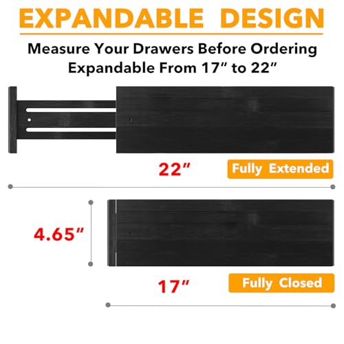 SpaceAid Bamboo Dresser Drawer Dividers 6 Pack, 4.65“ High Adjustable 17“-22” Drawer Organizers, Expandable Organization for Clothing, Clothes, Dressers, Black - color: BLACK, size: 4.65''H, 17''-22''L