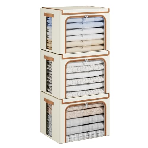 Yecaye Clothes Storage Bins with Metal Frame, Foldable Clothing Storage Bin with Lid, Stackable Oxford Fabric Organizer Box With Clear Window & Zippers & PU Leather Handles (3 Pack,Beige,40L) - color: Beige, size: Medium(3 Pack)