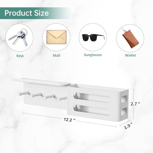 Key and Mail Holder for Wall, Key Hooks Rack Hanger Organizer Wall Mount with Small Shelf, Men Metal Entryway Living Room Storage Decor for Coat Purse Bag Wallet Dog Leash, Black - color: White